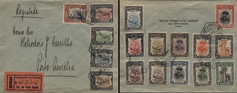 0097.jpg -     Lote:    97      Colecção Império      Companhia do Niassa       Descrição:         192&frac12;3 &mdash; Motivos diversos. Sobrescrito circulado internamente em Porto Amélia (02.09.29) com selos de 1, 1 &frac12;, 2, 2 &frac12;, 4, 5, 6,7 &frac12;,8,10,15, 20, 30, 40, 50C 1E e 2E, CE108/124. B e R.         Carta       Valor Base:     &euro; 250,00     Valor Venda:     Retirado     