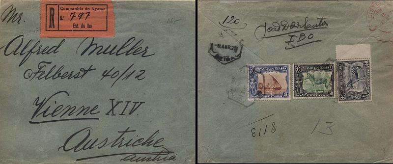 0099.jpg -     Lote:    99      Colecção Império      Companhia do Niassa       Descrição:         192&frac12;3 &mdash; Motivos diversos. Sobrescrito circulado registado do Ibo (31.03.28) para a Áustria, com trânsito pela Beira (09.04.28) e Londres, com selos de 40C, 50C e 5E, CE121, 122 e 125. MB e MR.         Carta       Valor Base:     &euro; 300,00     Valor Venda:     &euro; 550,00     