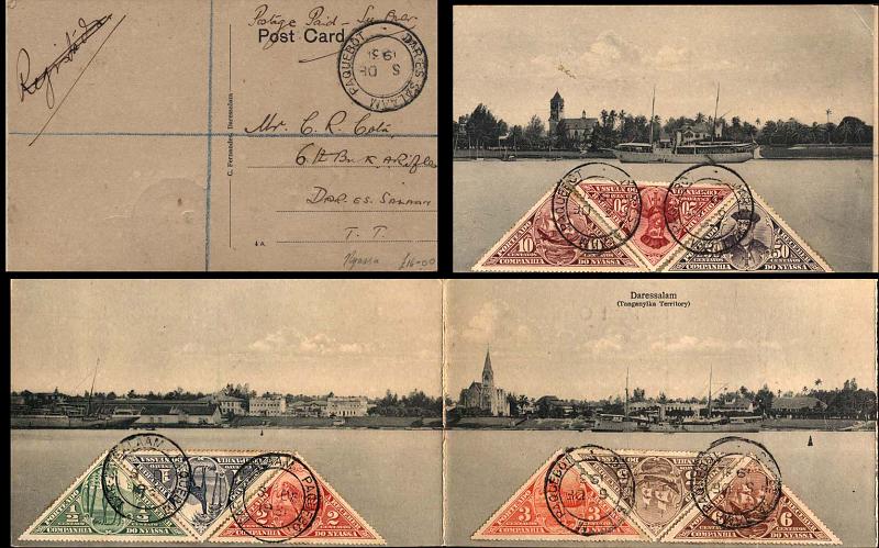 0103.jpg -     Lote:    103      Colecção Império      Companhia do Niassa       Descrição:         1924 &mdash; Porteado. Motivos diversos. CE POR 1/9. Série completa afixada sobre postal ilustrado triplo remetido para Daressalam e obliterado com carimbo batido a preto "DARESSALAAM / PAQUEBOT / 05 DEZ 1931) &mdash; Hosking 1297.         PI       Valor Base:     &euro; 100,00     Valor Venda:     &euro; 180,00     