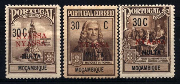 0104.jpg -     Lote:    104      Colecção Império      Companhia do Niassa       Descrição:         1925 &mdash; Imposto Postal * Porteado. Monumento ao Marquês de Pombal. CE IP POR 1/3. Série completa com dupla sobrecarga NIASSA. Não catalogadas. B e MR.         ***/**       Valor Base:     &euro; 40,00     Valor Venda:     &euro; 95,00     