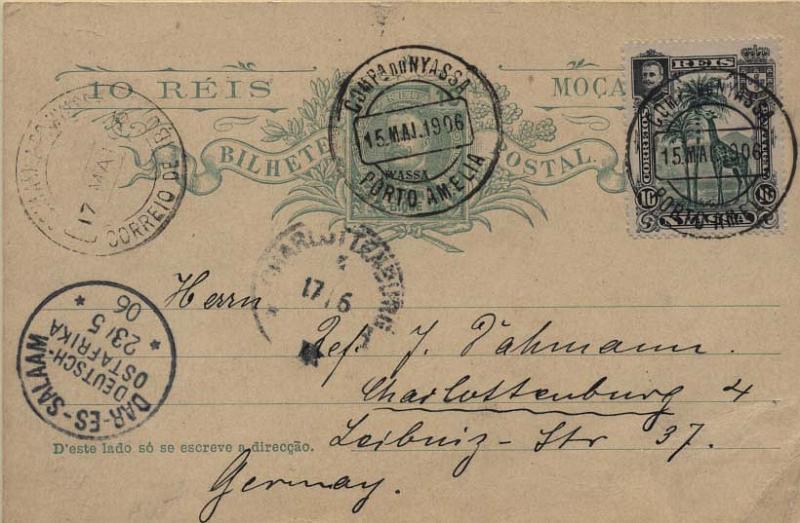 0107.jpg -     Lote:    107      Colecção Império      Inteiros Postais da Companhia do Niassa       Descrição:         1904 &mdash; D. Carlos I tipo Mouchon. Emissão de 1903 de Moçambique com a sobrecarga NYASSA. OM4, 10 reis verde sobre cartolina camurça, circulado de Porto Amélia (15.05.1906) para a Alemanha (17.06.06) com trânsito pelo Ibo (17.05.06) e Dar-es-Salam (23.05.06), com selo adicional de 10 reis D. Carlos I CE29. MB e MR.         IC       Valor Base:     &euro; 250,00     Valor Venda:     &euro; 250,00     