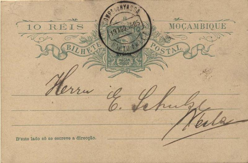 0108.jpg -     Lote:    108      Colecção Império      Inteiros Postais da Companhia do Niassa       Descrição:         1904 &mdash; D. Carlos I tipo Mouchon. Emissão de 1903 de Moçambique com a sobrecarga NYASSA. OM4, 10 reis verde sobre cartolina camurça, circulado internamente em Porto Amélia (19.08.05). Rara circulação.         IC       Valor Base:     &euro; 30,00     Valor Venda:     &euro; 30,00     