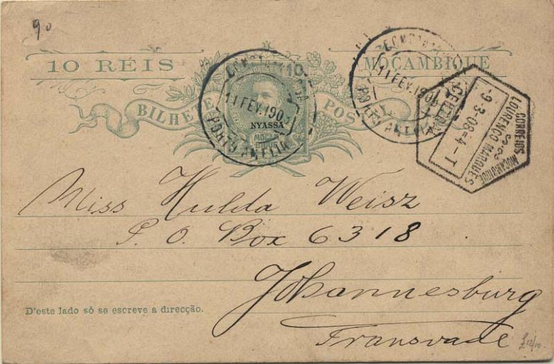 0109.jpg -     Lote:    109      Colecção Império      Inteiros Postais da Companhia do Niassa       Descrição:         1904 &mdash; D. Carlos I tipo Mouchon. Emissão de 1903 de Moçambique com a sobrecarga NYASSA. OM4, 10 reis verde sobre cartolina camurça, circulado de Porto Amélia (11.02.1908) para Johannesbourg, com trânsito por Lourenço Marques (09.03.08).         IC       Valor Base:     &euro; 40,00     Valor Venda:     &euro; 40,00     