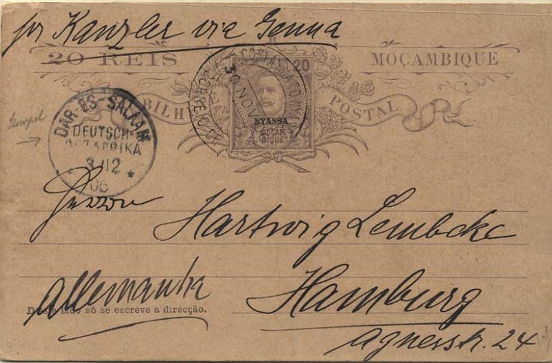 0111.jpg -     Lote:    111      Colecção Império      Inteiros Postais da Companhia do Niassa       Descrição:         1904 &mdash; D. Carlos I tipo Mouchon. Emissão de 1903 de Moçambique com a sobrecarga NYASSA. OM5, 20 reis violeta sobre cartolina camurça, circulado de Ibo (30.11.06) para a Alemanha pelos paquetes alemães, com trânsito em Dar-es-Salam (03.12.06). B.          IC       Valor Base:     &euro; 30,00     Valor Venda:     &euro; 30,00     
