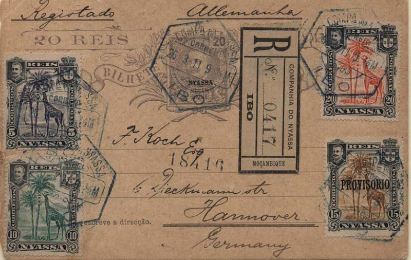 0112.jpg -     Lote:    112      Colecção Império      Inteiros Postais da Companhia do Niassa       Descrição:         1904 &mdash; D. Carlos I tipo Mouchon. Emissão de 1903 de Moçambique com a sobrecarga NYASSA. OM5, 20 reis violeta sobre cartolina camurça, circulado registado de Ibo (23.03.11) para a Alemanha (21.04.11), com selos adicionais da emissão D. Carlos I de 5, 10 e 20 reis CE28,29 e 31 + selo de 15 reis D. Carlos I com sobrecarga PROVISÓRIO, CE43. MB e MR.         IC       Valor Base:     &euro; 350,00     Valor Venda:     &euro; 950,00     