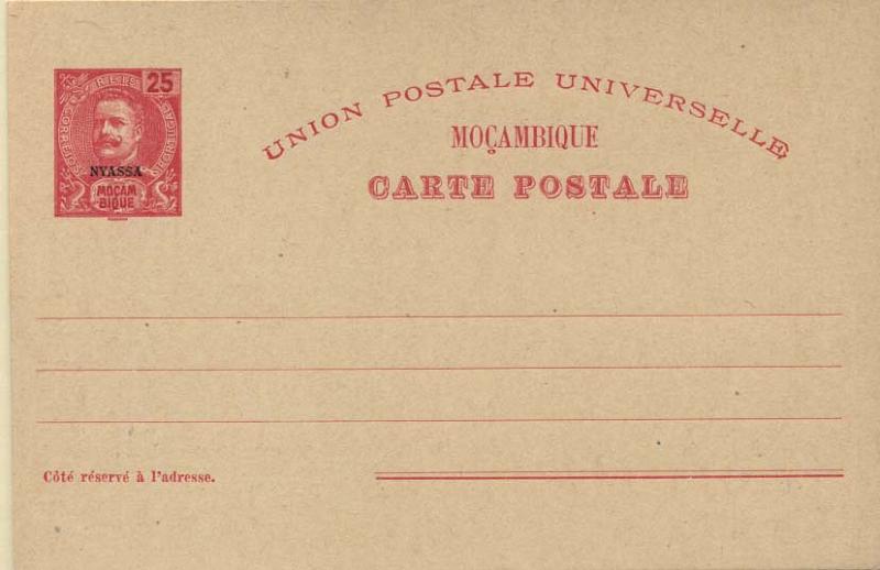 0113.jpg -     Lote:    113      Colecção Império      Inteiros Postais da Companhia do Niassa       Descrição:         1904 &mdash; D. Carlos I tipo Mouchon. Emissão de 1903 de Moçambique com a sobrecarga NYASSA. OM6, 25 reis carmim. Lote de dois inteiros em cartolina camurça (duas tonalidades).         IN       Valor Base:     &euro; 10,00     Valor Venda:     &euro; 12,00     