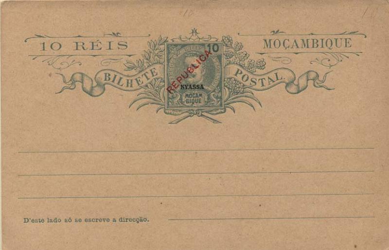 0115.jpg -     Lote:    115      Colecção Império      Inteiros Postais da Companhia do Niassa       Descrição:         1911 &mdash; D. Carlos I tipo Mouchon. Emissão de 1903 de Moçambique com a sobrecarga local a vermelho REPUBLICA e sobrecarga a preto "NYASSA". OM9, 10 reis verde, sobre cartolina camurça.         IN       Valor Base:     &euro; 10,00     Valor Venda:     &euro; 10,00     