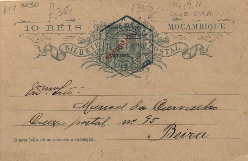 0117.jpg -     Lote:    117      Colecção Império      Inteiros Postais da Companhia do Niassa       Descrição:         1911 &mdash; D. Carlos I tipo Mouchon. Emissão de 1903 de Moçambique com a sobrecarga local a vermelho REPUBLICA e sobrecarga a preto "NYASSA". OM9, 10 reis verde, sobre cartolina camurça, circulado do Ibo (14.09.11) para a Beira (22.09.11). Carimbo hexagonal batido a azul do IBO.         IC       Valor Base:     &euro; 40,00     Valor Venda:     &euro; 40,00     