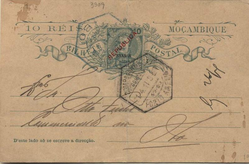 0118.jpg -     Lote:    118      Colecção Império      Inteiros Postais da Companhia do Niassa       Descrição:         1911 &mdash; D. Carlos I tipo Mouchon. Emissão de 1903 de Moçambique com a sobrecarga local a vermelho REPUBLICA e sobrecarga a preto "NYASSA". OM9, 10 reis verde, sobre cartolina camurça, circulado de Porto Amélia (21.04.11) para o Ibo (22.04.11). Carimbo hexagonal batido a verde do IBO.         IC       Valor Base:     &euro; 40,00     Valor Venda:     &euro; 40,00     