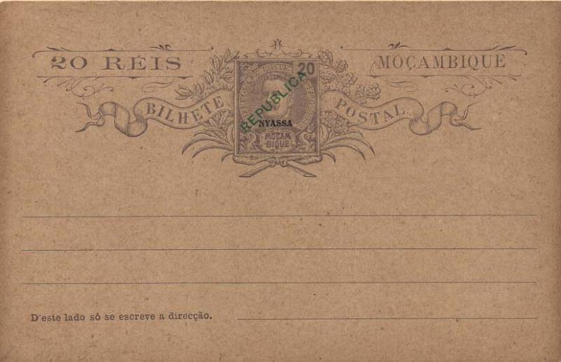 0119.jpg -     Lote:    119      Colecção Império      Inteiros Postais da Companhia do Niassa       Descrição:         1911 &mdash; D. Carlos I tipo Mouchon. Emissão de 1903 de Moçambique com a sobrecarga local a verde REPUBLICA e sobrecarga a preto "NYASSA". OM12, 20 reis violeta, sobre cartolina camurça.         IN       Valor Base:     &euro; 10,00     Valor Venda:     &euro; 12,00     