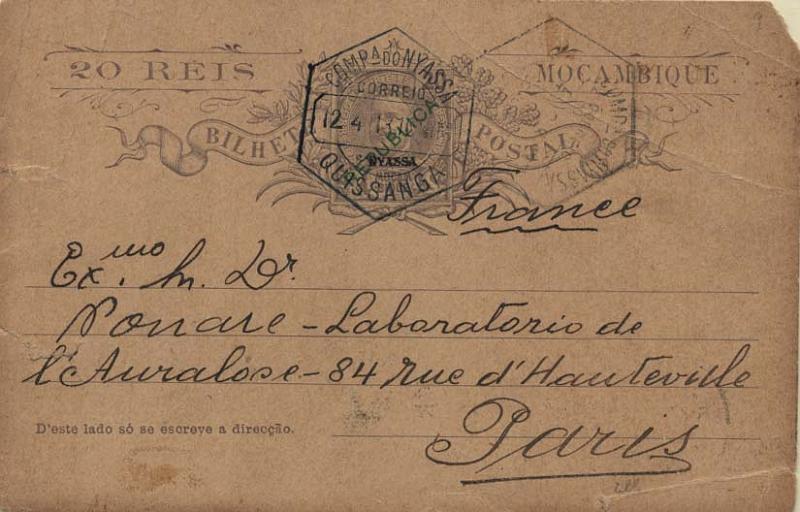 0122.jpg -     Lote:    122      Colecção Império      Inteiros Postais da Companhia do Niassa       Descrição:         1911 &mdash; D. Carlos I tipo Mouchon. Emissão de 1903 de Moçambique com a sobrecarga local a verde REPUBLICA e sobrecarga a preto "NYASSA". OM12, 20 reis violeta, sobre cartolina camurça, circulado de Quissanga (12.04.13) para Paris. Pequenos defeitos no inteiro.         IC       Valor Base:     &euro; 25,00     Valor Venda:     Retirado     