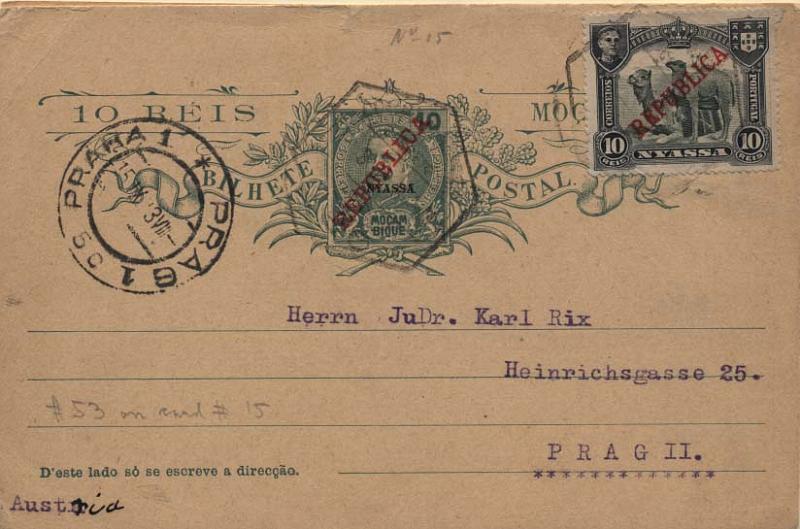 0123.jpg -     Lote:    123      Colecção Império      Inteiros Postais da Companhia do Niassa       Descrição:         1911 &mdash; D. Carlos I tipo Mouchon. Emissão de 1903 de Moçambique com sobrecarga a preto "NYASSA" e sobrecarga a vermelho "REPUBLICA" da Casa da Moeda. OM15, 10 reis verde sobre cartolina camurça. Lote composto por um inteiro novo e um circulado de Ibo para Praga (15.09.13) com selo adicional de 10 reis tipo D. Manuel II com sobrecarga, CE54.         IN/IC       Valor Base:     &euro; 30,00     Valor Venda:     &euro; 38,00     