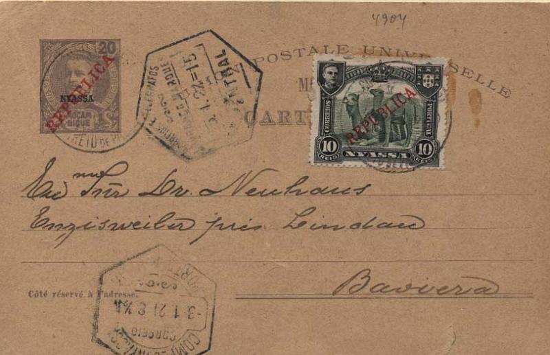0125.jpg -     Lote:    125      Colecção Império      Inteiros Postais da Companhia do Niassa       Descrição:         1911 &mdash; D. Carlos I tipo Mouchon. Emissão de 1903 de Moçambique com sobrecarga a preto "NYASSA" e sobrecarga a vermelho "REPUBLICA" da Casa da Moeda. OM16, 20 reis violeta sobre cartolina camurça, circulado de Palma para a Alemanha, com trânsito por Mocimboa (18.12.20), Porto Amélia (03.01.21) e Lourenço Marques (05.01.21) com selo adiconal de 10 reis tipo D. Manuel II com sobrecarga, CE54. Interessante encaminhamento.         IN       Valor Base:     &euro; 75,00     Valor Venda:     &euro; 75,00     