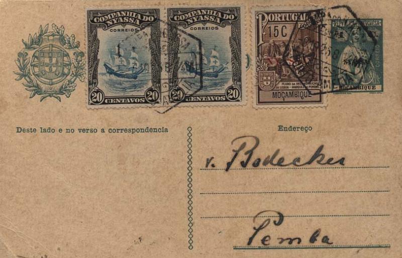 0127.jpg -     Lote:    127      Colecção Império      Inteiros Postais da Companhia do Niassa       Descrição:         1914 &mdash; Tipo Ceres. Inteiros de Moçambique com sobrecarga a preto "NYASSA". OM17, 1C verde sobre cartolina creme, circulado de Porto Amélia (08.10.25) para Pemba com selos adicionais de 20C (2) tipo Motivos diversos CE119 e selo do Imposto Postal tipo Monumento ao Marquês de Pombal de 15C (Plano), CE IP2, aplicado no período obrigatório de circulação. B e R.         IC       Valor Base:     &euro; 150,00     Valor Venda:     &euro; 190,00     