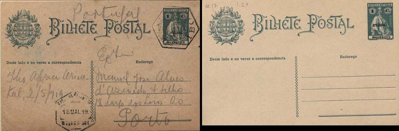 0128.jpg -     Lote:    128      Colecção Império      Inteiros Postais da Companhia do Niassa       Descrição:         1914 &mdash; Tipo Ceres. Inteiros de Moçambique com sobrecarga a preto "NYASSA". OM17, 1C verde sobre cartolina creme. Lote composto por inteiro circulado do Ibo (02.05.1919) para o Porto, com trânsito por Moçambique (18.05.19) + inteiro novo.         IN/IC       Valor Base:     &euro; 30,00     Valor Venda:     &euro; 46,00     