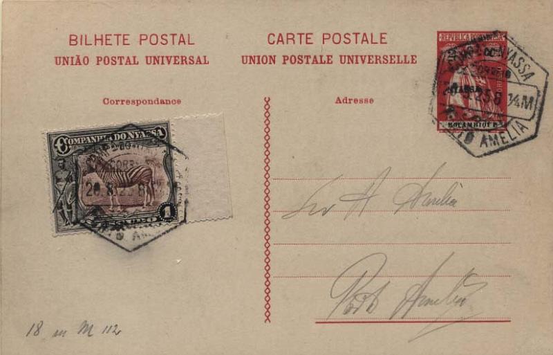 0130.jpg -     Lote:    130      Colecção Império      Inteiros Postais da Companhia do Niassa       Descrição:         1914 &mdash; Tipo Ceres. Inteiros de Moçambique com sobrecarga a preto "NYASSA". OM18, 1C verde sobre cartolina camurça. Lote composto por inteiro circulado em Porto Amélia (20.05.25) com selo adicional de 1E tipo Motivos diversos CE123 + inteiro novo.         IN/IC       Valor Base:     &euro; 30,00     Valor Venda:     Retirado     