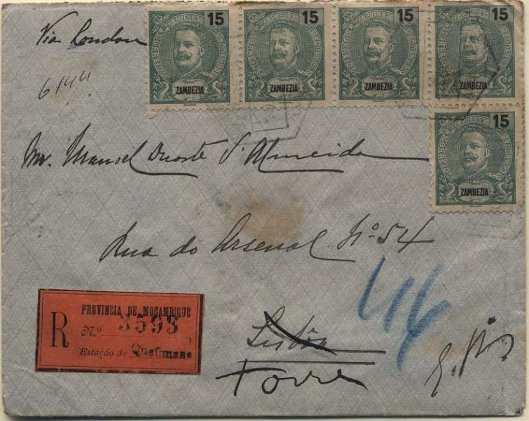 0132.jpg -     Lote:    132      Colecção Império      Zambézia       Descrição:         1903 &mdash; D. Carlos I tipo Mouchon. Novas cores e valores. Sobrescrito circulado registado de Quelimane (10.02.06) para Lisboa (19.03.06) com trânsito pela Beira (16.02.06) com 5 selos de 15 reis verde, CE46. MB e MR.         Carta       Valor Base:     &euro; 250,00     Valor Venda:     Retirado     