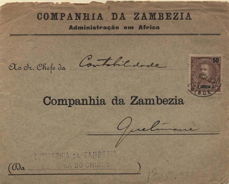 0133.jpg -     Lote:    133      Colecção Império      Zambézia       Descrição:         1903 &mdash; D. Carlos I tipo Mouchon. Novas cores e valores. Sobrescrito circulado do Chinde (03.10.03) para Quelimane com selo de 50 reis castanho CE48. Rara circulação interna.         Carta       Valor Base:     &euro; 100,00     Valor Venda:     Retirado     