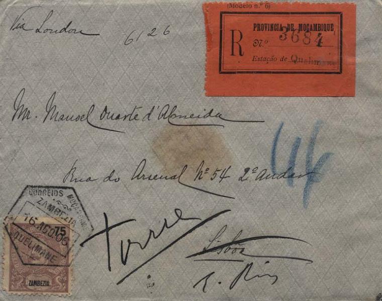 0134.jpg -     Lote:    134      Colecção Império      Zambézia       Descrição:         1903 &mdash; D. Carlos I tipo Mouchon. Novas cores e valores. Sobrescrito circulado de Quelimane (16.08.06) para Lisboa (19.09.16) com selo de 75 reis violeta castanho. MB.          Carta       Valor Base:     &euro; 120,00     Valor Venda:     Retirado     