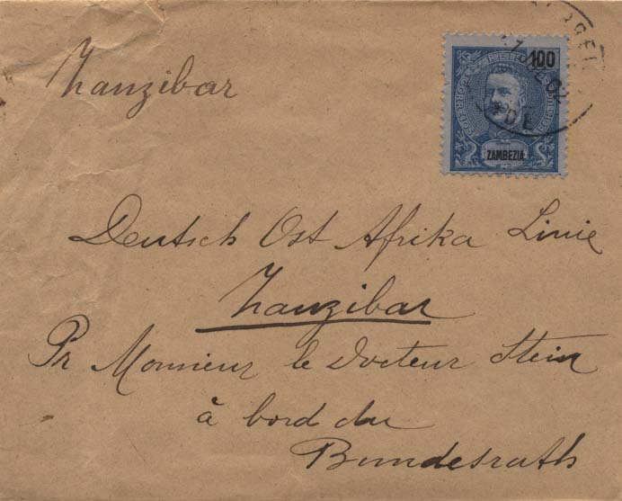 0135.jpg -     Lote:    135      Colecção Império      Zambézia       Descrição:         1898/1901 &mdash; D. Carlos I tipo Mouchon. Sobrescrito circulado do Chinde (21.07.02) para Zanzibar (28.07.02) com trãnsito por Moçambique (23.07.02),com selo de 100 reis azul s/ azul claro, CE23. MB.         Carta       Valor Base:     &euro; 150,00     Valor Venda:     Retirado     