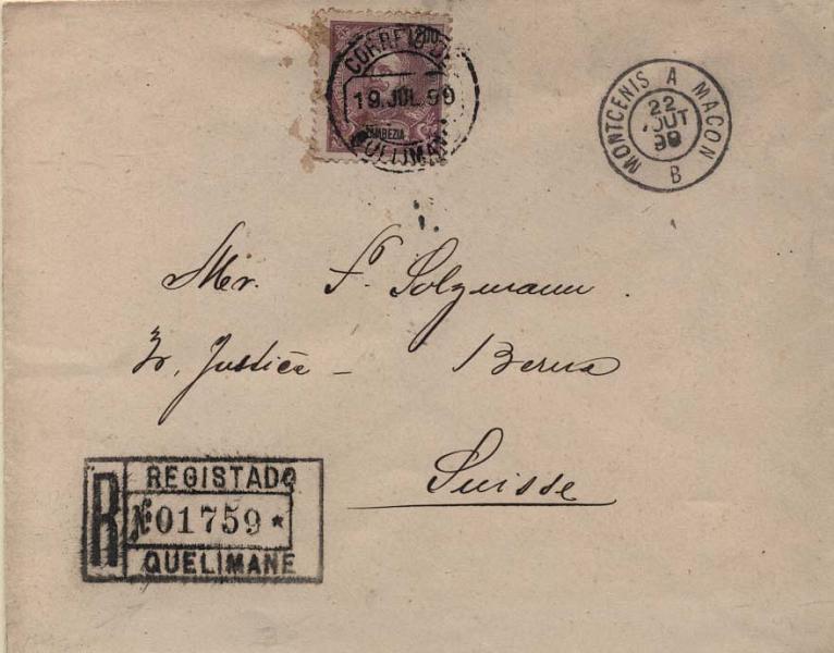 0136.jpg -     Lote:    136      Colecção Império      Zambézia       Descrição:         1903 &mdash; D. Carlos I tipo Mouchon. Sobrescrito circulado registado de Quelimane (19.07.99) para Berna (23.08.99) com trânsito por Zanzibar (31.07.99) com selo de 200 reis lilás s/ rosa CE25. Carimbo de registo batido a preto. MB e MR.         Carta       Valor Base:     &euro; 400,00     Valor Venda:     Retirado     