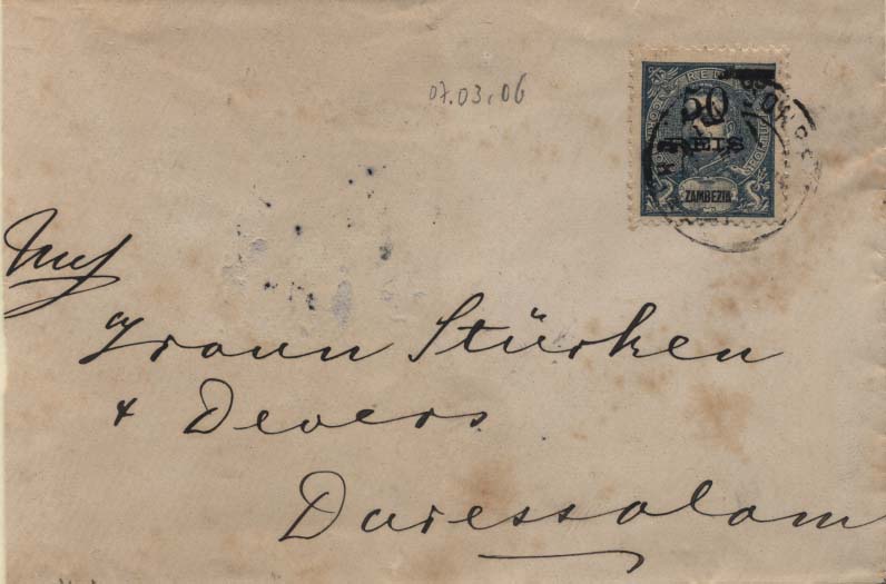 0138.jpg -     Lote:    138      Colecção Império      Zambézia       Descrição:         1905 &mdash; D. Carlos I tipo Mouchon com sobretaxa. Sobrescrito circulado do Chinde (07.03.06) para Dar-es-Salam (17.03.06) com selo de 50 s/ 65 reis azul-escuro, CE54.         Carta       Valor Base:     &euro; 100,00     Valor Venda:     Retirado     