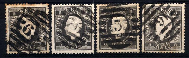 0142.jpg -     Lote:    142      Colecção Cascais II      D. Luís I, fita direita       Descrição:         1870/76 &mdash; D. Luís I, fita direita. CE36, 5 reis preto, papel liso, denteado 12 &frac12;. Lote de 4 selos obliterados com carimbos numéricos da 2.ª reforma "65 &mdash; Penafiel", "76 &mdash; Vila Nova de Famalicão", "135 &mdash; Celorico da Beira" e "164 &mdash; Borba".         O       Valor Base:     &euro; 20,00     Valor Venda:     &euro; 26,00     