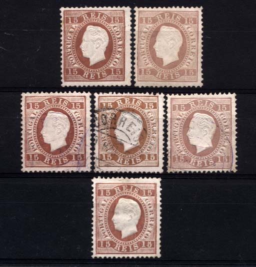 0148.jpg -     Lote:    148      Colecção Cascais II      D. Luís I, fita direita       Descrição:         1870/76 &mdash; D. Luís I, fita direita. CE38, 15 reis castanho, denteado 12 &frac12;, papel liso. Lote composto por 2 selos novos, cunho I + 3 selos usados cunho I e um selo novo regomado do cunho II. Valor de catálogo &euro; 690,00.         O       Valor Base:     &euro; 100,00     Valor Venda:     Retirado     