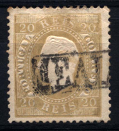 0154.jpg -     Lote:    154      Colecção Cascais II      D. Luís I, fita direita       Descrição:         1870/76 &mdash; D. Luís I, fita direita. CE39, 20 reis bistre, papel liso, denteado 12 &frac12;, obliterado com carimbo nominativo batido a preto de "MEALHADA".         O       Valor Base:     &euro; 20,00     Valor Venda:     Retirado     