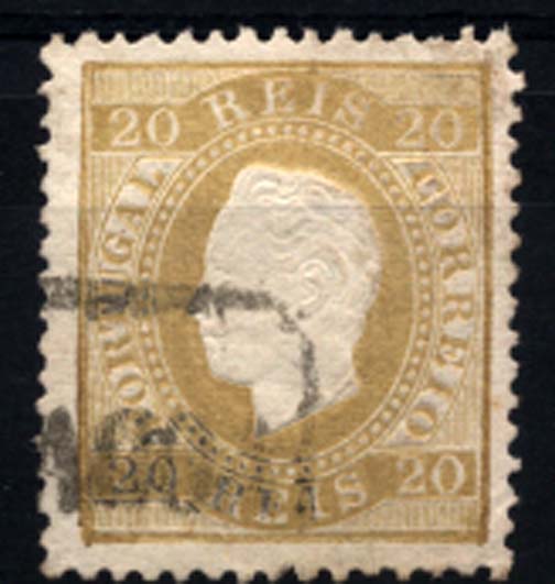 0156.jpg -     Lote:    156      Colecção Cascais II      D. Luís I, fita direita       Descrição:         1870/76 &mdash; D. Luís I, fita direita. CE39, 20 reis bistre, papel liso, denteado 12 &frac12;, obliterado com carimbo nominativo batido a preto de "MORTAGOA".         O       Valor Base:     &euro; 20,00     Valor Venda:     Retirado     