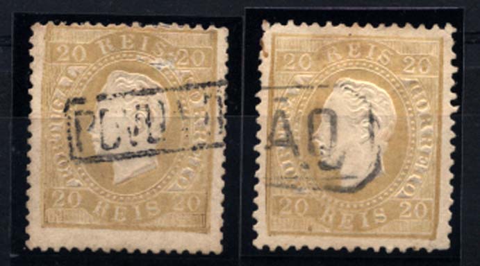 0157.jpg -     Lote:    157      Colecção Cascais II      D. Luís I, fita direita       Descrição:         1870/76 &mdash; D. Luís I, fita direita. CE39, 20 reis bistre, papel liso. Lote de dois selos, um em denteado 12 &frac12;, obliterado com carimbo nominativo batido a preto de "FUNDÃO" e outro em denteado 13 &frac12;, obliterado com carimbo nominativo batido a preto de "POVOA DE VARZIM".         O       Valor Base:     &euro; 25,00     Valor Venda:     Retirado     