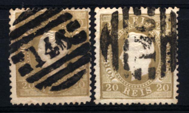 0160.jpg -     Lote:    160      Colecção Cascais II      D. Luís I, fita direita       Descrição:         1870/76 &mdash; D. Luís I, fita direita. CE39, 20 reis bistre, papel liso, denteado 12 &frac12;. Lote de dois selos obliterados com carimbos numéricos da 2.ª reforma, batidos a preto, de 146 &mdash; S: PEDRO DO SUL". Um dos carimbos com o "4" fechado e outro com "4" aberto. MB E MR.         O       Valor Base:     &euro; 50,00     Valor Venda:     Retirado     