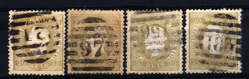 0161.jpg -     Lote:    161      Colecção Cascais II      D. Luís I, fita direita       Descrição:         1870/76 &mdash; D. Luís I, fita direita. CE39, 20 reis bistre, papel liso, denteado 12 &frac12;. Lote de 4 selos obliterados com carimbos numéricos da 2.ª reforma, batidos a preto de: "21 &mdash; CINTRA", "97 &mdash; MEALHADA", "156 &mdash; TRANCOSO" e "185 &mdash; SERTÃ".         O       Valor Base:     &euro; 35,00     Valor Venda:     &euro; 60,00     