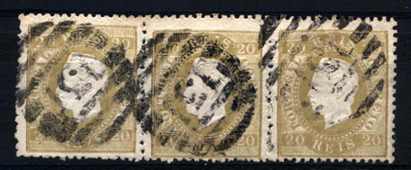 0162.jpg -     Lote:    162      Colecção Cascais II      D. Luís I, fita direita       Descrição:         1870/76 &mdash; D. Luís I, fita direita. CE39, 20 reis bistre esverdeado, denteado 12 &frac12;, papel liso. Tira horizontal de 3 selos obliterados com carimbo numérico da 2.ª reforma, batidos a preto, de "131 &mdash; ALMEIDA". MB.         O       Valor Base:     &euro; 30,00     Valor Venda:     &euro; 30,00     