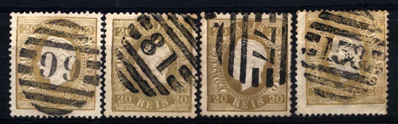 0164.jpg -     Lote:    164      Colecção Cascais II      D. Luís I, fita direita       Descrição:         1870/76 &mdash; D. Luís I, fita direita. CE39, 20 reis bistre, papel liso. Lote de 4 selos, dois em denteado 12 &frac12; e dois em 13 &frac12;, obliterados com carimbos numéricos da 2.ª reforma, bem batidos a preto, de; 77 &mdash; VILAVERDE", "81 &mdash; ALCOBAÇA", "99 &mdash; OLIVEIRA DE AZEMEIS" e "158 &mdash; VOUZELA".         O       Valor Base:     &euro; 40,00     Valor Venda:     &euro; 40,00     