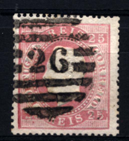 0169.jpg -     Lote:    169      Colecção Cascais II      D. Luís I, fita direita       Descrição:         1870/76 &mdash; D. Luís I, fita direita. CE40, 25 reis carmim, papel liso, denteado 14. Selo obliterado com carimbo numérico da 2.ª reforma, batido a preto, de: 26 &mdash; MONTEMOR-O-NOVO. MB.         O       Valor Base:     &euro; 20,00     Valor Venda:     &euro; 36,00     