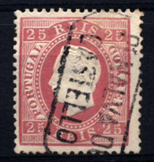 0171.jpg -     Lote:    171      Colecção Cascais II      D. Luís I, fita direita       Descrição:         1870/76 &mdash; D. Luís I, fita direita. CE40, 25 reis carmim, papel liso, denteado 12 &frac12;, obliterado com carimbo nominativo, batido a preto, de "PENALVA DO CASTELLO".         O       Valor Base:     &euro; 10,00     Valor Venda:     &euro; 10,00     