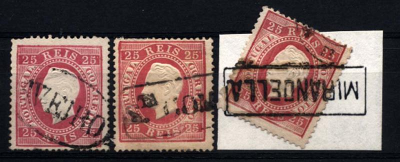 0172.jpg -     Lote:    172      Colecção Cascais II      D. Luís I, fita direita       Descrição:         1870/76 &mdash; D. Luís I, fita direita. CE40, 25 reis carmim, papel liso, denteado 13 &frac12;. Lote de 3 selos obliterados com carimbos nominativos, batidos a preto de: AVEIRO, STA COMBA DÃO e MIRANDELLA. Um selo com defeito no denteado.         O       Valor Base:     &euro; 30,00     Valor Venda:     Retirado     