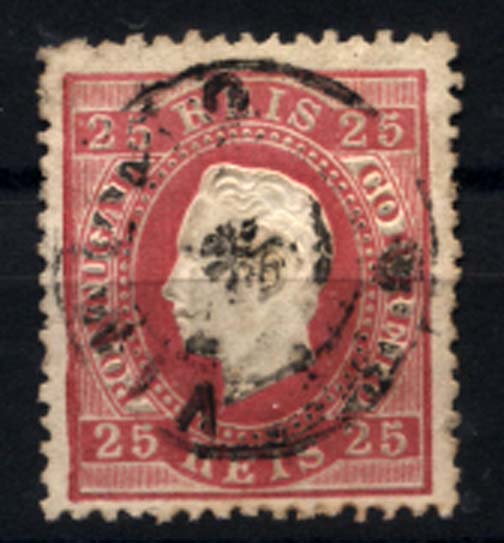 0173.jpg -     Lote:    173      Colecção Cascais II      D. Luís I, fita direita       Descrição:         1870/76 &mdash; D. Luís I, fita direita. CE40, 25 reis carmim, papel liso, denteado 12 &frac12;, obliterado com carimbo nominativo circular, batido a preto, de VIMIOSO. B e MR.         O       Valor Base:     &euro; 20,00     Valor Venda:     &euro; 20,00     