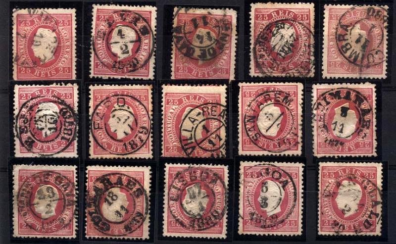 0174.jpg -     Lote:    174      Colecção Cascais II      D. Luís I, fita direita       Descrição:         1870/76 &mdash; D. Luís I, fita direita. CE40, 25 reis carmim. Lote de 15 selos em diferentes denteado, obliterados com carimbos circulares datados do tipo de 1842. Apenas uma repetição. Lote a ver.         O       Valor Base:     &euro; 20,00     Valor Venda:     &euro; 22,00     