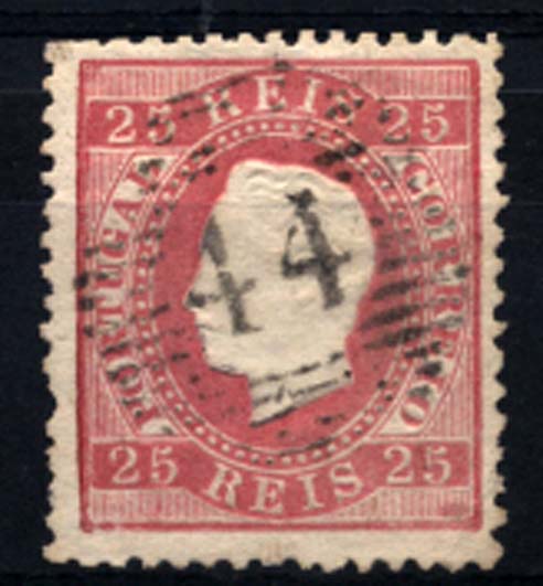 0175.jpg -     Lote:    175      Colecção Cascais II      D. Luís I, fita direita       Descrição:         1870/76 &mdash; D. Luís I, fita direita. CE40, 25 reis carmim, papel liso, denteado 12 &frac12;, obliterado com carimbo numérico da 1.ª reforma, batido a preto de: 44 &mdash; TORRES VEDRAS".         O       Valor Base:     &euro; 10,00     Valor Venda:     &euro; 14,00     
