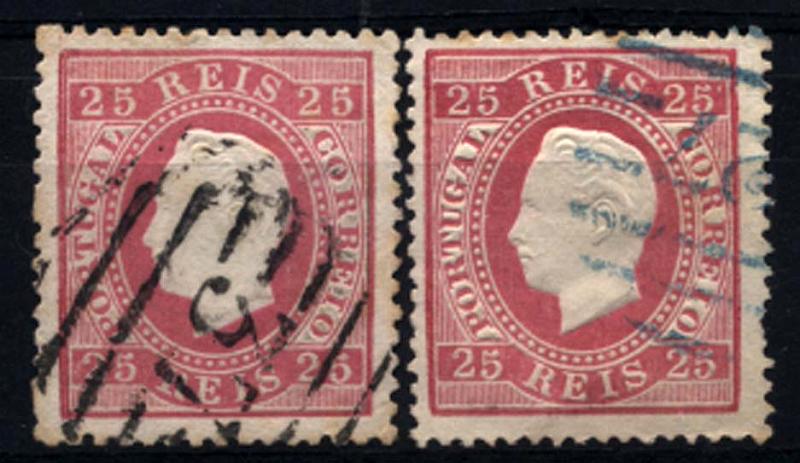 0176.jpg -     Lote:    176      Colecção Cascais II      D. Luís I, fita direita       Descrição:         1870/76 &mdash; D. Luís I, fita direita. CE40, 25 reis carmim, papel liso. Lote composto por dois selos: um em denteado 12 &frac12;, obliterado com carimbo numérico da 2.ª reforma tipo 3.3.3, batido a preto de SETÚBAL e outro em denteado 13 &frac12;, obliterado com carimbo numérico da 2.ª reforma de barras finas "127 &mdash; VILA POUCA DE AGUIAR", batido azul. MB e R.         O       Valor Base:     &euro; 30,00     Valor Venda:     &euro; 32,00     