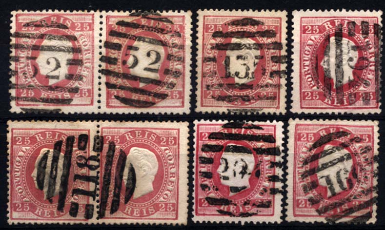 0177.jpg -     Lote:    177      Colecção Cascais II      D. Luís I, fita direita       Descrição:         1870/76 &mdash; D. Luís I, fita direita. CE40, 25 reis carmim, papel liso. Lote composto por dois pares + 4 selos simples, obliterados com carimbos numéricos da 2.ª reforma, batidos a preto de: 52 &mdash; CAMINHA, 118 &mdash; MONCORVO, 135 &mdash; CELORICO DA BEIRA, 160 &mdash; ABRANTES, 194 &mdash; ALVITO e 204 &mdash; SERPA.         O       Valor Base:     &euro; 20,00     Valor Venda:     &euro; 60,00     
