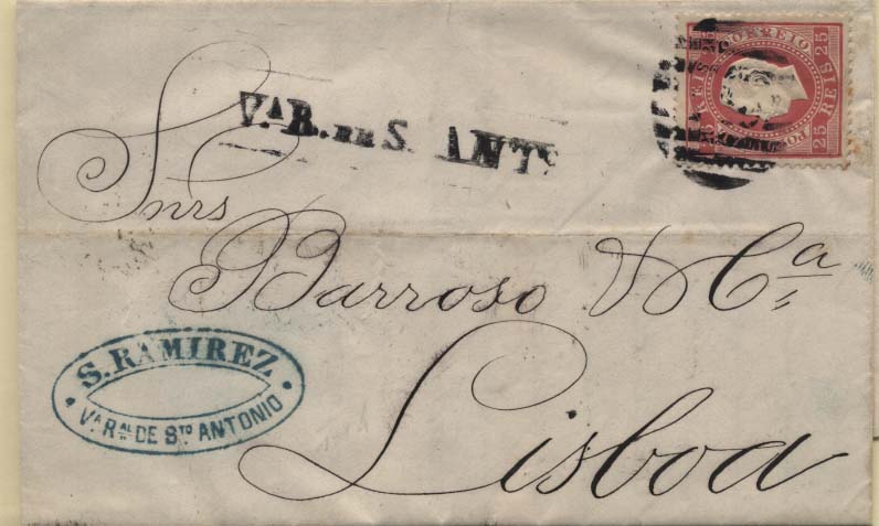 0178.jpg -     Lote:    178      Colecção Cascais II      D. Luís I, fita direita       Descrição:         1870/76 &mdash; D. Luís I, fita direita. CE40, 25 reis carmim, papel liso, denteado 12 &frac12;, em carta circulada de Vila Real de S. António para Lisboa (21.09.74) com trânsito por Faro (20.09.74). Carimbo nominativo e da 2.ª reforma batidos a preto "220 &mdash; V.A R. DE S. ANT.º". B.         Carta       Valor Base:     &euro; 12,00     Valor Venda:     &euro; 22,00     