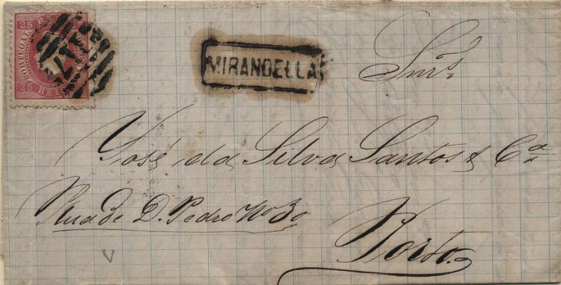 0179.jpg -     Lote:    179      Colecção Cascais II      D. Luís I, fita direita       Descrição:         1870/76 &mdash; D. Luís I, fita direita. CE40, 25 reis carmim, papel liso, denteado 12 &frac12;, em carta circulada de Mirandela para o Porto (26.01.1877). Carimbos nominativo e numérico da 2.ª reforma batidos a preto "117 &mdash; MIRANDELLA".         Carta       Valor Base:     &euro; 15,00     Valor Venda:     &euro; 22,00     