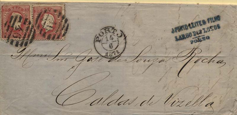 0180.jpg -     Lote:    180      Colecção Cascais II      D. Luís I, fita direita       Descrição:         1870/76 &mdash; D. Luís I, fita direita. CE40, 25 reis carmim, papel liso, denteado 12 &frac12;. Par horizontal em carta circulada do Porto (14.06.1871 para Calas de Vizela.         Carta       Valor Base:     &euro; 10,00     Valor Venda:     &euro; 10,00     