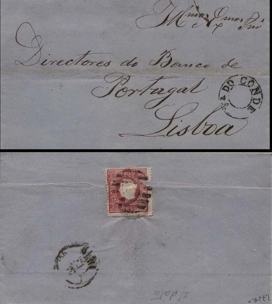 0181.jpg -     Lote:    181      Colecção Cascais II      D. Luís I, fita direita       Descrição:         1870/76 &mdash; D. Luís I, fita direita. CE40, 25 reis carmim, papel liso, denteado 13 &frac12;, em carta circulada de Vila do Conde (23.12.76 para Lisboa (31.12.76). Carimbos nominativo e numérico da 2.ª reforma batidos a preto "73 &mdash; VILA DO CONDE". Selo cortado ao meio no verso.         Carta       Valor Base:     &euro; 10,00     Valor Venda:     &euro; 12,00     
