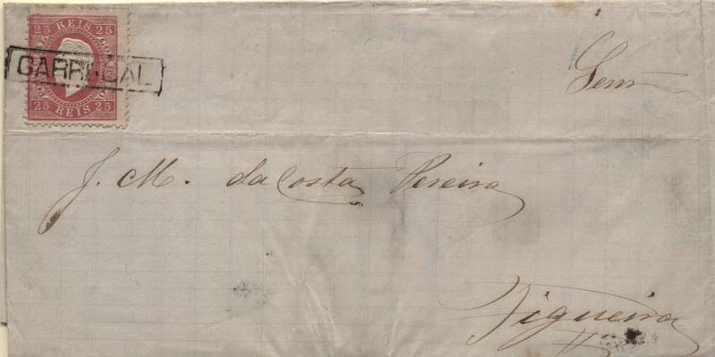 0182.jpg -     Lote:    182      Colecção Cascais II      D. Luís I, fita direita       Descrição:         1870/76 &mdash; D. Luís I, fita direita. CE40, 25 reis carmim, papel liso, denteado 12 &frac12;, em carta circulada de Cabanas (12.01.80) para a Figueira. Carimbos nominativo batido a preto a obliterar o selo de "CARREGAL".         Carta       Valor Base:     &euro; 15,00     Valor Venda:     &euro; 16,00     