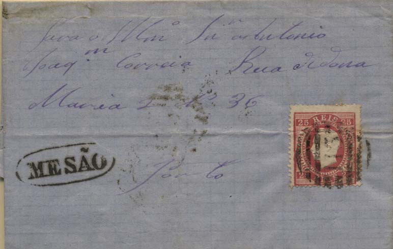0183.jpg -     Lote:    183      Colecção Cascais II      D. Luís I, fita direita       Descrição:         1870/76 &mdash; D. Luís I, fita direita. CE40, 25 reis carmim, papel liso, denteado 13 &frac12;, em carta circulada de Mesão para o Porto (31.01.1878). Carimbos nominativo e numérico da 2.ª reforma batidos a preto "115 &mdash; MESÃO".         Carta       Valor Base:     &euro; 20,00     Valor Venda:     &euro; 22,00     