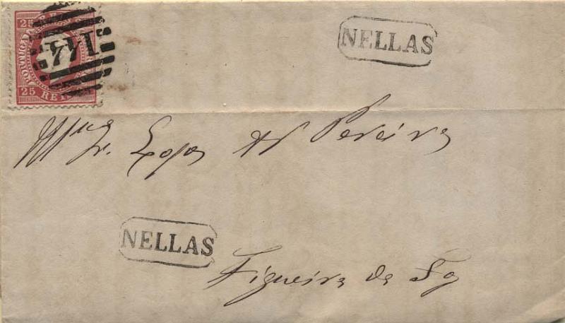 0185.jpg -     Lote:    185      Colecção Cascais II      D. Luís I, fita direita       Descrição:         1870/76 &mdash; D. Luís I, fita direita. CE40, 25 reis carmim, papel liso, denteado 12 &frac12;, em carta circulada de Nelas (16.04.76) para a Figueira da Foz. Carimbos nominativo e numérico da 2.ª reforma batidos a preto "144 - NELLAS".         Carta       Valor Base:     &euro; 15,00     Valor Venda:     &euro; 28,00     